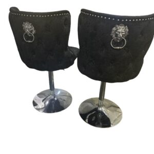 2 black velvet bar stools rear view showing lion knockers