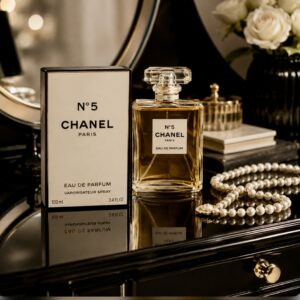 A bottle of Chanel No.5 Perfume with the box on a dressing table with pearls.