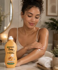Woman putting on Garnier Body Summer 24H Gradual Tan Lotion on her arm