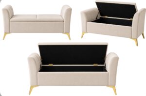 Ottoman chaise storage bench from 3 angles open and closed