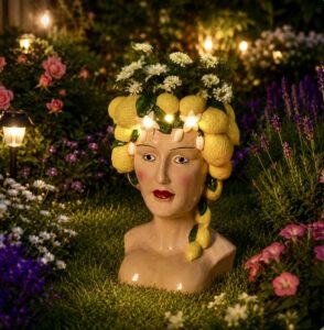 Solar Athena ornament in a garden at night lit up