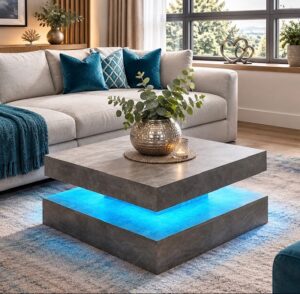 Led square coffee table lit up in a room