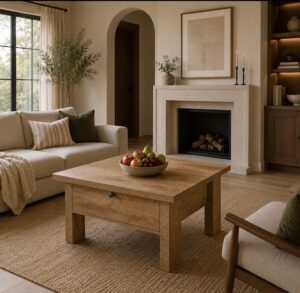 Square coffee table made of wood with a drawer in a living room