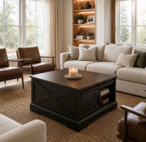 Square lift-up coffee table in lounge