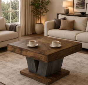 Square rustic coffee table brown and black wood