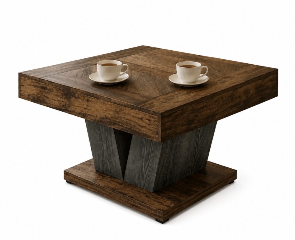 Square wooden brown and black coffee table with two cups and saucers.