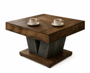 Square wooden brown and black coffee table with two cups and saucers.