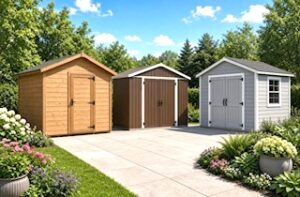 Wooden shed, plastic shed and metal shed