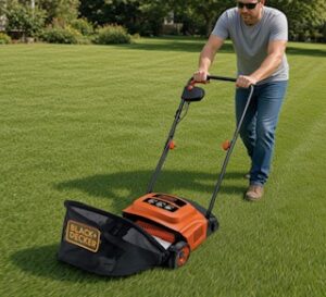 A man pushing the Black and Decker lawn raker on the grass in his garden