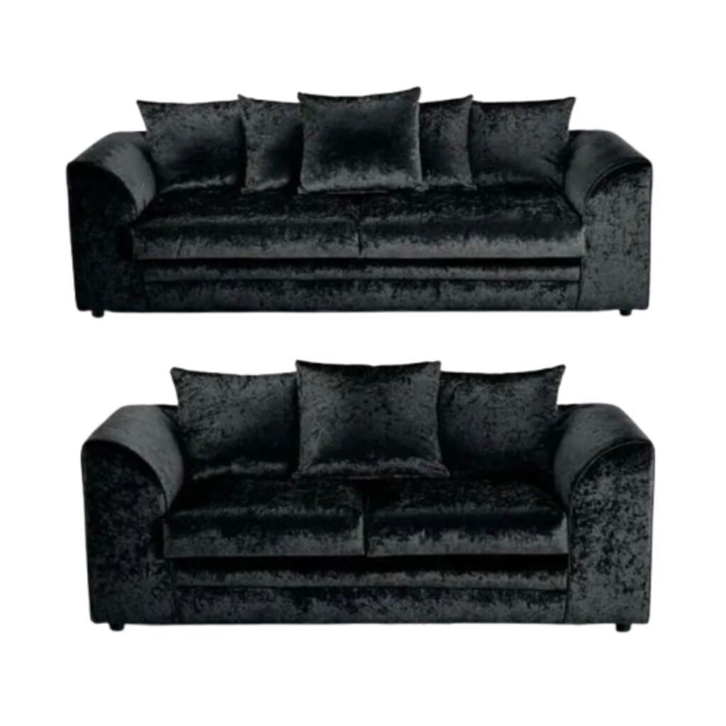 A three seater and a 2 seater black velvet sofas