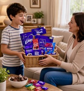 A young boy with chocolate in his mouth from the Cadbury best mum hamper basket he is giving her