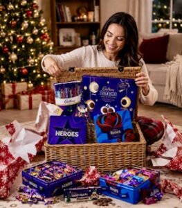 Woman sitting on the floor by a Christmas tree having just opened a Christmas gift hamper by Cadbury