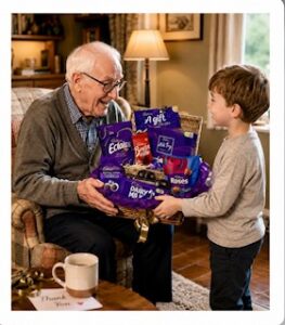 A young boy giving his grandfather a Cadbury hamper