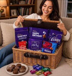 Woman holding a basket of Cadbury chocolates in a hamper