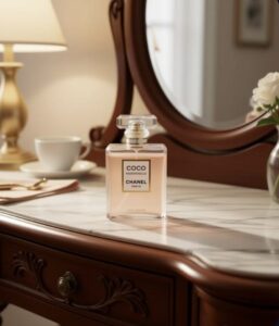 bottle of Chanel mademoiselle perfume on a dressing table