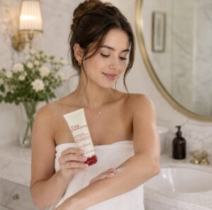 A woman holding a tube of Clarins Eau Dynamisante body lotion whilst putting it on her arm