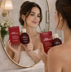 A woman holding a bottle of Clarins Clarins Eau Dynamisante perfume
