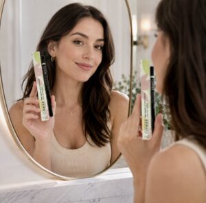 A woman holding Clinique gel eyeliner whilst looking in a mirror