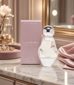 Bottle of Cosmic perfume by Kylie Jenner with the box on a ladies dressing table
