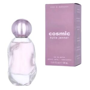 Bottle of Cosmic perfume by Kylie Jenner with the box next to it