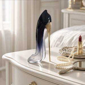A bottle of Good Girl Carolina Herrera perfume standing tall in a dressing table