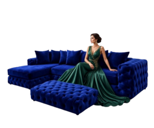 Royal blue sofas set with woman in posh dress sitting on it