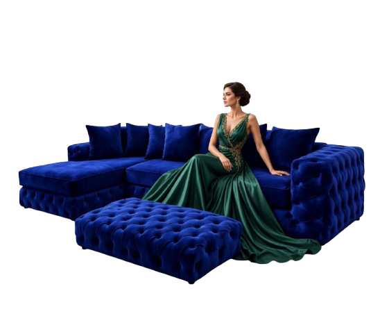 Royal blue sofas set with woman in posh dress sitting on it