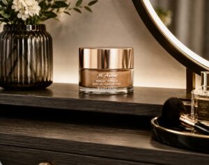 Jar of M. Asam 4 In 1 foundation on a shelf