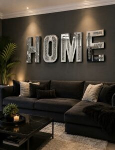 Mirrored letters on a lounge wall spelling out the word home
