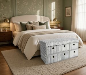 OHS ribbed 6-drawer storage chest at the end of a bed in a bedroom