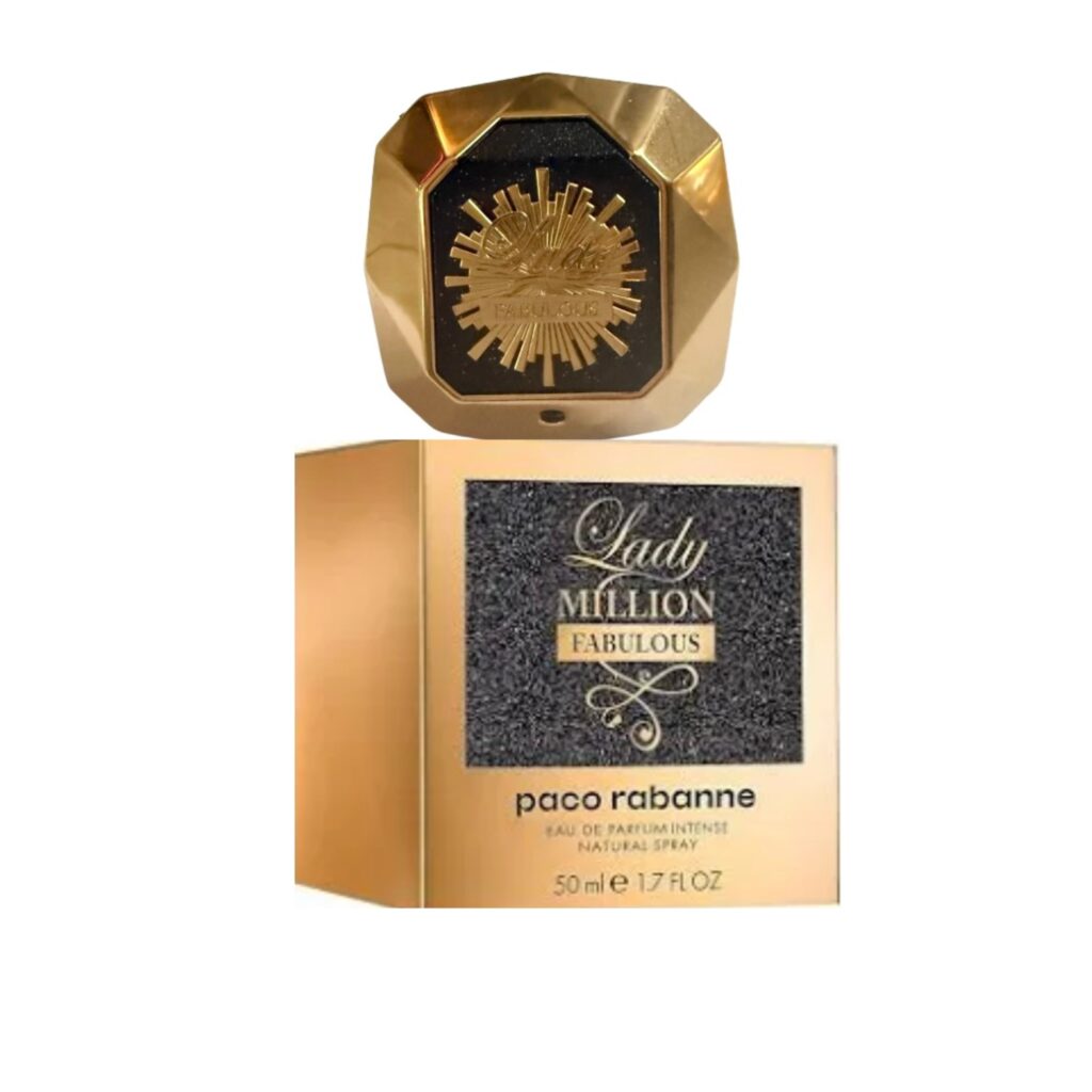 A 50ml bottle of Lady Million Fabulous perfume by Paco Rabanne on top of the box