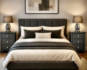 Pair of grey bedside tables either side of a bed in a bedroom