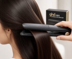 Slim GHDs straightening a lady's hair.
