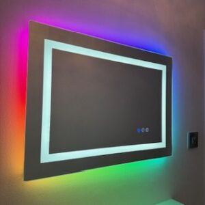 rgb bathroom mirror with backlight turned on and led frame lights on