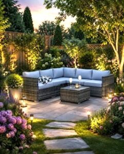 Rattan corner group with blue cushions in garden