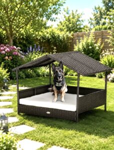 Rattan pet bed with German shepherd do sitting on it in the garden
