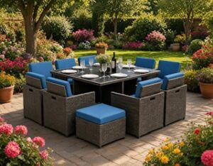 Rattan dining set with blue replacement seat pads and cushions