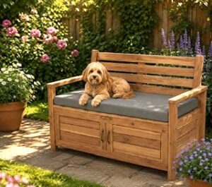 Garden bench with new seat pad with dog sitting on it