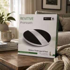 Revitive ProHealth Circulation Booster in the box on a coffee table
