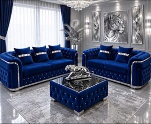 Royal blue 3 2 sofa coffee table set in a lounge room