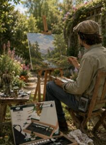 Artist in the open air painting with his Royal Langnickel essentials oil travel easel set