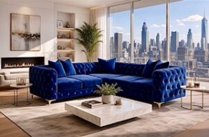 Royal blue corner sofas in an apartment with big window overlooking the city