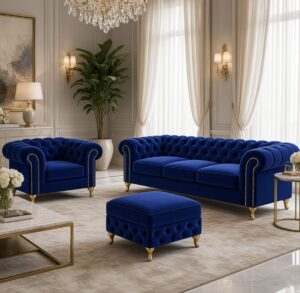 Royal blue chesterfield sofa chair and footstool