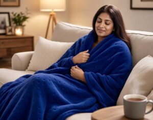 Woman with Silentnight luxury heated throw over her