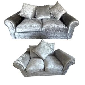 Pair of silver crushed velvet sofas a 3 setaer and a 2 seater