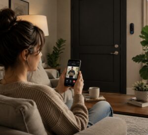 Woman on the sofa looking at who is at her front door through her mobile phone