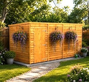 Windowless shed made of wood with hanging baskets on