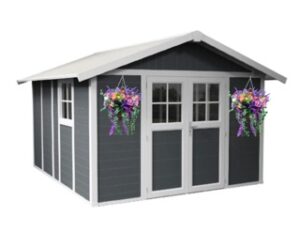 shed with hanging baskets filled with flowers to the front