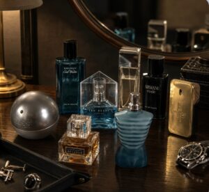 Designer aftershaves on a gentleman's dressing table