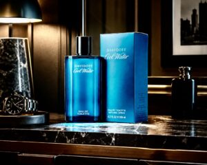 A bottle of cool water aftershave by Davidoff with the box on a gentleman's dressing table
